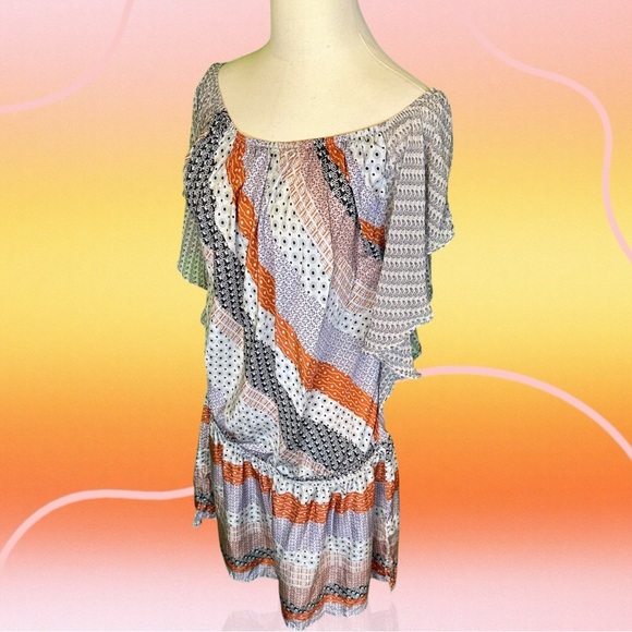 Gypsy 05 Gray & Orange Multi Bandana Print Striped Boho Silk Mini Dress Size M - Picture 4 of 12